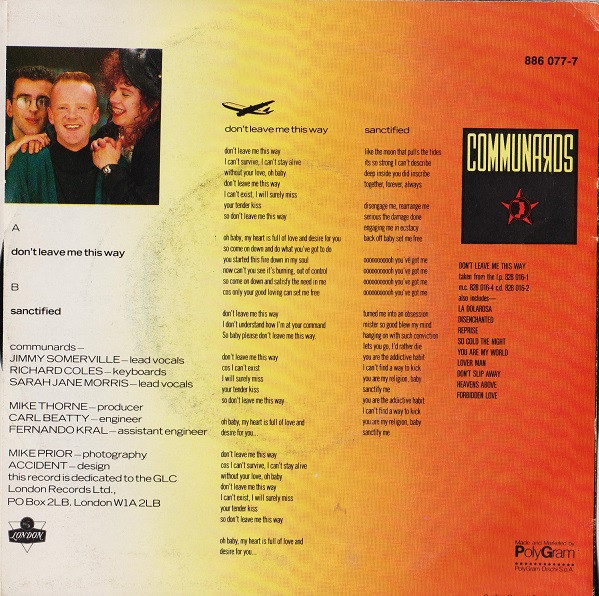 The Communards With Sarah Jane Morris - Don't Leave Me This Way | London Records (886 077-7) - 2