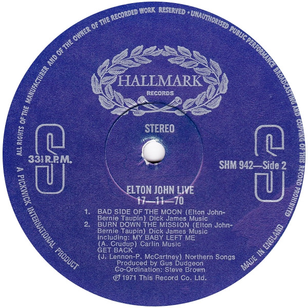 Elton John - 17-11-70 | Hallmark Records (SHM 942) - 4 Elton John - 17-11-70 | Hallmark Records (SHM 942) - 4