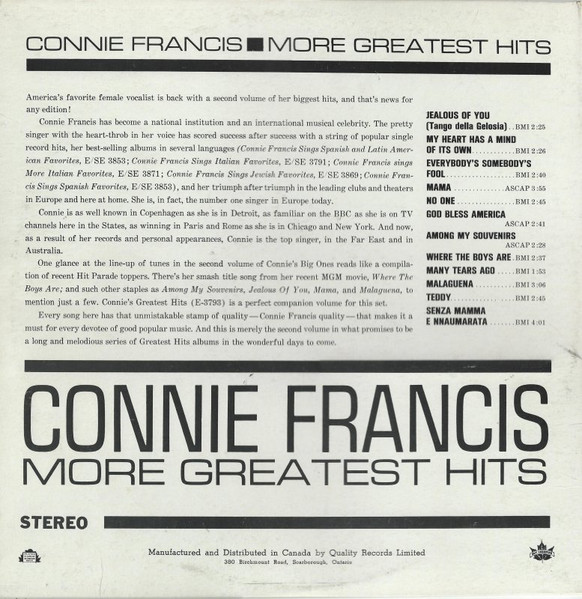 Connie Francis - More Greatest Hits | MGM Records (SE3942) - 2 Connie Francis - More Greatest Hits | MGM Records (SE3942) - 2