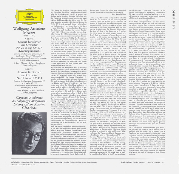 Wolfgang Amadeus Mozart , Camerata Academica Salzburg , Géza Anda - »Krönungskonzert« KV 537 Und Klavierkonzert A-dur KV 414 | Deutsche Grammophon (139 113 SLPM) - 2
