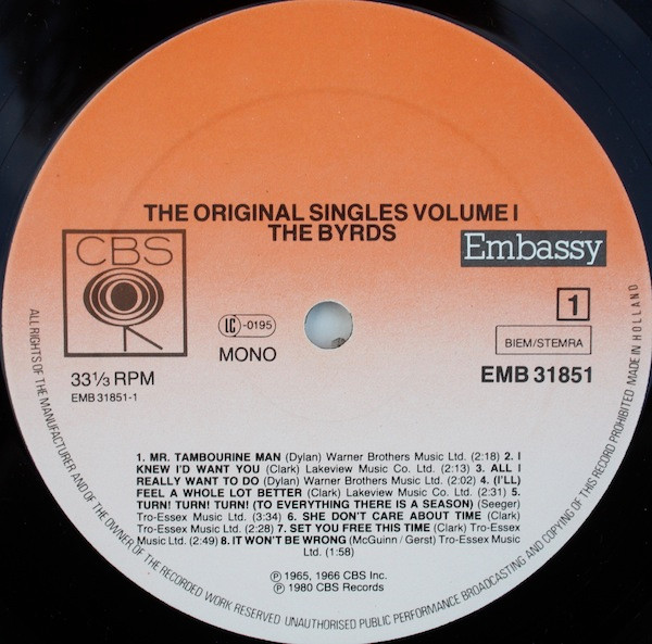 The Byrds - The Original Singles 1965-1967 Volume 1 | CBS (31851) - 3