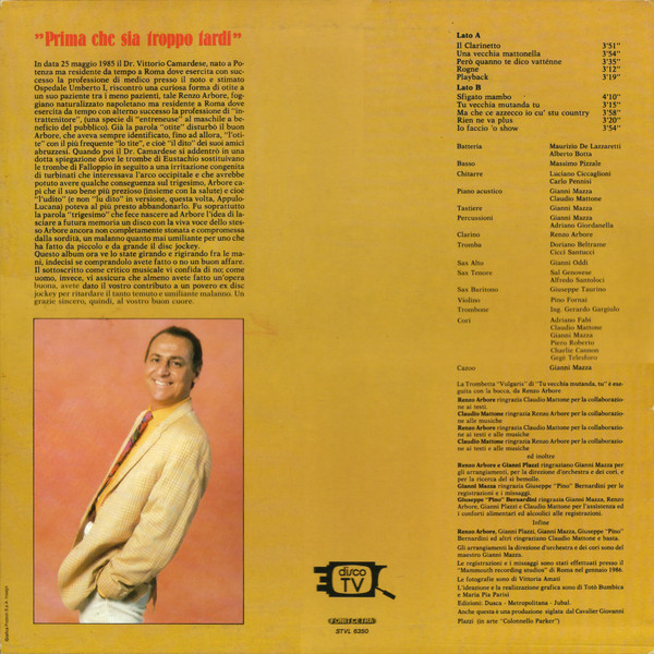 Renzo Arbore - Prima Che Sia Troppo Tardi | Fonit Cetra (STVL 6350) - 3