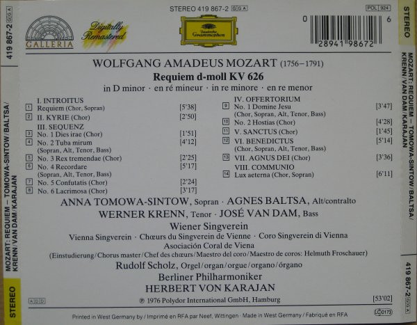Wolfgang Amadeus Mozart : Anna Tomowa-Sintow • Agnes Baltsa • Werner Krenn • José van Dam • Wiener Singverein • Berliner Philharmoniker • Herbert von Karajan - Requiem | Deutsche Grammophon (419 867-2) - 4 Wolfgang Amadeus Mozart : Anna Tomowa-Sintow • Agnes Baltsa • Werner Krenn • José van Dam • Wiener Singverein • Berliner Philharmoniker • Herbert von Karajan - Requiem | Deutsche Grammophon (419 867-2) - 4