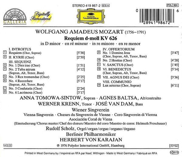 Wolfgang Amadeus Mozart : Anna Tomowa-Sintow • Agnes Baltsa • Werner Krenn • José van Dam • Wiener Singverein • Berliner Philharmoniker • Herbert von Karajan - Requiem | Deutsche Grammophon (419 867-2) - 2 Wolfgang Amadeus Mozart : Anna Tomowa-Sintow • Agnes Baltsa • Werner Krenn • José van Dam • Wiener Singverein • Berliner Philharmoniker • Herbert von Karajan - Requiem | Deutsche Grammophon (419 867-2) - 2