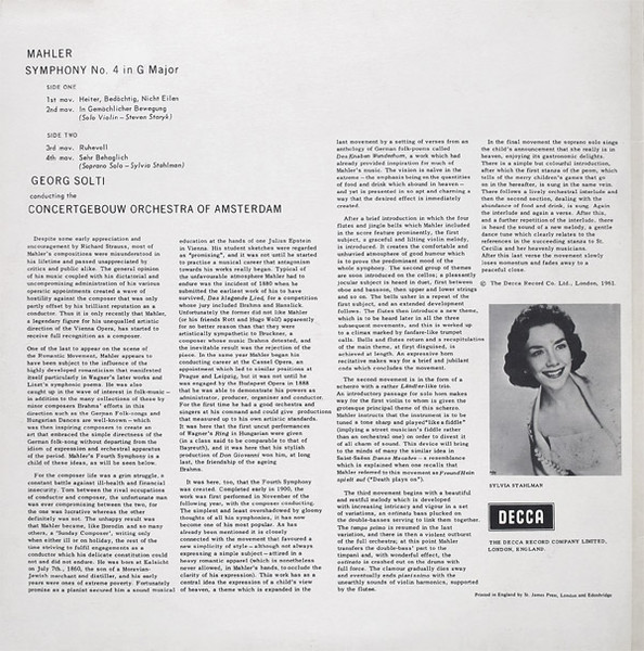 Gustav Mahler , Concertgebouworkest , Georg Solti - Symphony No. 4 In G Major | Decca (SXL 2276) - 2