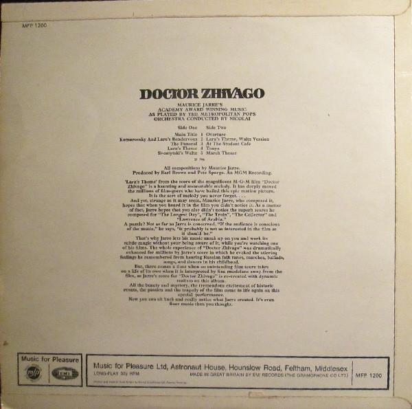 Maurice Jarre / The Metropolitan POPS Orchestra - Doctor Zhivago | Music For Pleasure (MFP 1200) - 3 Maurice Jarre / The Metropolitan POPS Orchestra - Doctor Zhivago | Music For Pleasure (MFP 1200) - 3