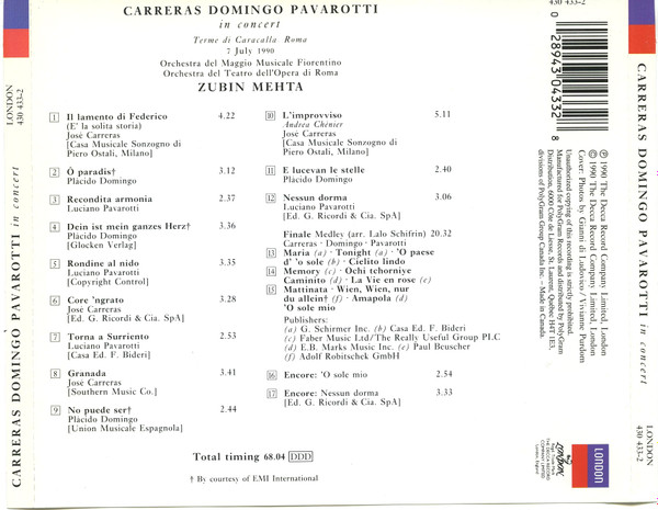 José Carreras , Placido Domingo , Luciano Pavarotti , Zubin Mehta - In Concert | London Records (430 433-2) - 2