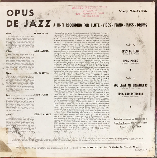 Milt Jackson , Frank Wess , Kenny Clarke , Hank Jones , Eddie Jones - Opus De Jazz | Savoy Records (MG 12036) - 2 Milt Jackson , Frank Wess , Kenny Clarke , Hank Jones , Eddie Jones - Opus De Jazz | Savoy Records (MG 12036) - 2