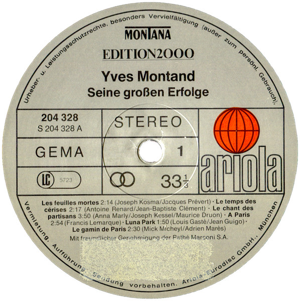 Yves Montand - Seine Grossen Erfolge | Ariola Montana (204 328-320) - 3