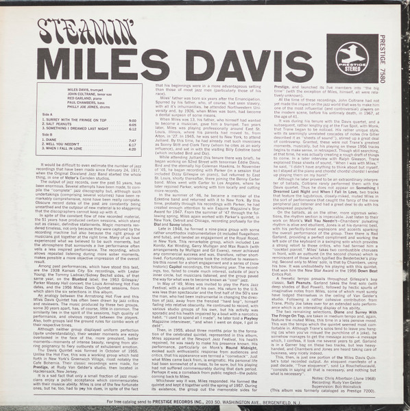 The Miles Davis Quintet - Steamin' | Prestige (PR 7580) - 2 The Miles Davis Quintet - Steamin' | Prestige (PR 7580) - 2