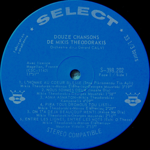 Mikis Theodorakis , Gérard Calvi - 12 Chansons De Mikis Theodorakis | Select (S-398.202) - 3