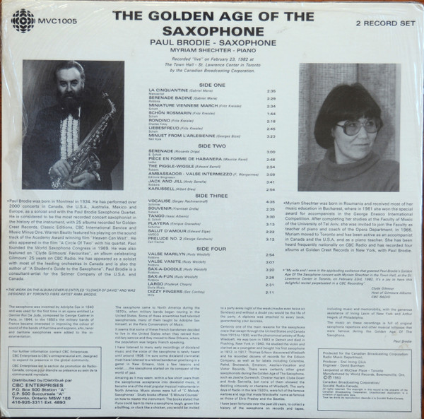 Paul Brodie , Myriam Shechter - The Golden Age Of The Saxophone (1915 to 1930) | Canadian Broadcasting Corporation (MVC1005) - 2