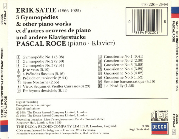 Erik Satie - Pascal Rogé - 3 Gymnopédies & Other Piano Works | Decca (410 220-2) - 2