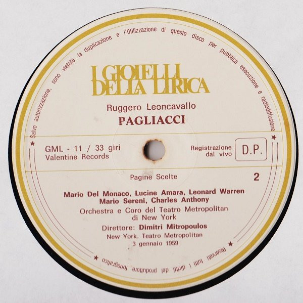 Ruggiero Leoncavallo - Mario Del Monaco , The Metropolitan Opera House Orchestra Direttore Dimitri Mitropoulos - Pagliacci (Pagine Scelte) | Longanesi Periodici (GML - 11) - 4 Ruggiero Leoncavallo - Mario Del Monaco , The Metropolitan Opera House Orchestra Direttore Dimitri Mitropoulos - Pagliacci (Pagine Scelte) | Longanesi Periodici (GML - 11) - 4