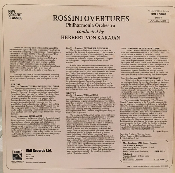 Herbert Von Karajan Conducts Gioacchino Rossini , Philharmonia Orchestra - Rossini Overtures | His Master's Voice (SXLP 30203) - 2 Herbert Von Karajan Conducts Gioacchino Rossini , Philharmonia Orchestra - Rossini Overtures | His Master's Voice (SXLP 30203) - 2