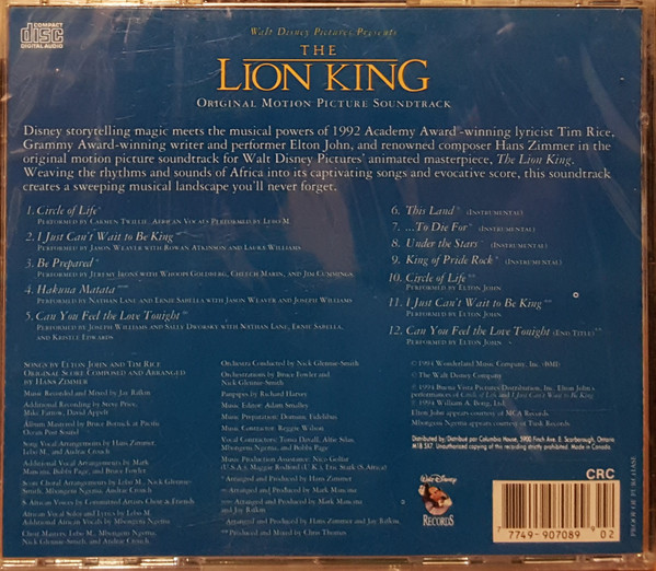 Various - The Lion King (Original Motion Picture Soundtrack) | Walt Disney Records (D2 60858) - 2 Various - The Lion King (Original Motion Picture Soundtrack) | Walt Disney Records (D2 60858) - 2