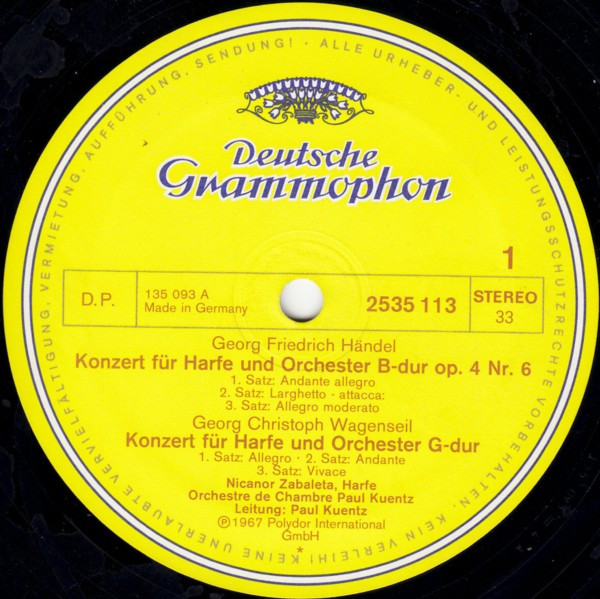 Nicanor Zabaleta · Georg Friedrich Händel · Georg Christoph Wagenseil · Wolfgang Amadeus Mozart - Harfenkonzerte | Deutsche Grammophon (2535 113) - 2