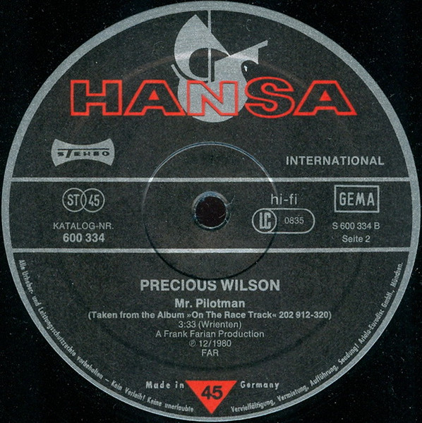 Precious Wilson - On The Race Track / Mr. Pilot Man | Hansa International (600 334-213) - 4