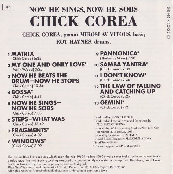 Chick Corea - Now He Sings, Now He Sobs | Blue Note (CDP 7 90055 2) - 2