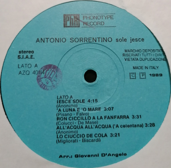 Antonio Sorrentino - Sole Jesce | Phonotype Record (AZQ 40114) - 3 Antonio Sorrentino - Sole Jesce | Phonotype Record (AZQ 40114) - 3