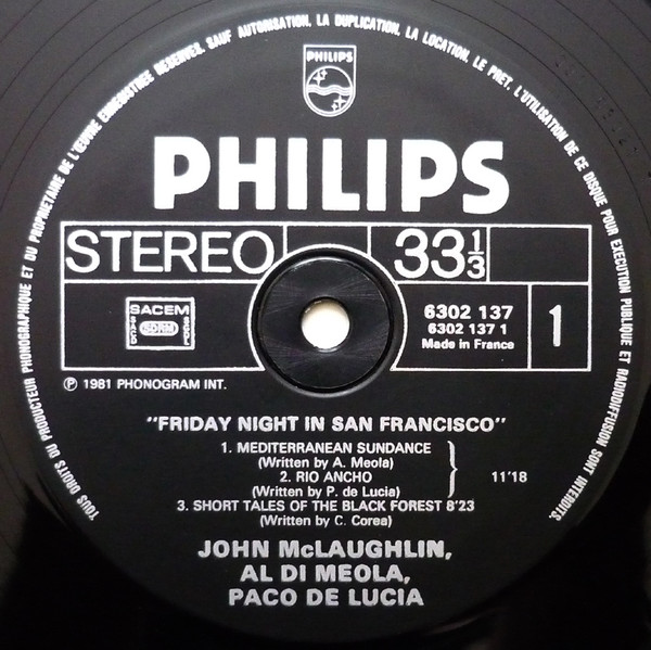 John McLaughlin / Al Di Meola / Paco De Lucía - Friday Night In San Francisco [Vinyl] | Philips (6302 137) - 3