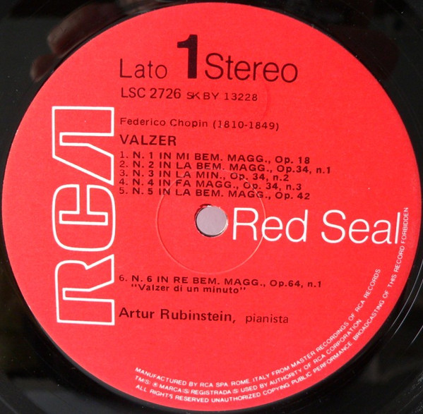 Frédéric Chopin - Arthur Rubinstein - Valzer Raccolta Completa | RCA Victor Red Seal (LSC 2726) - 3