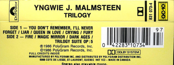 Yngwie Malmsteen - Trilogy [Cassette] | Polydor (831 073-4) - 2