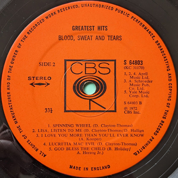 Blood, Sweat And Tears - Blood, Sweat & Tears Greatest Hits | CBS (64803) - 4 Blood, Sweat And Tears - Blood, Sweat & Tears Greatest Hits | CBS (64803) - 4