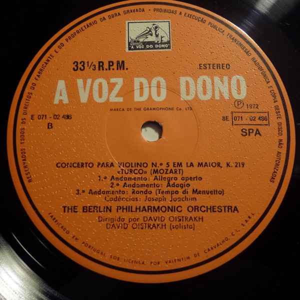 Wolfgang Amadeus Mozart - David Oistrach , Berliner Philharmoniker - Violin Concertos Nºs.  3 & 5 | A Voz Do Dono (8E 071 02486) - 4