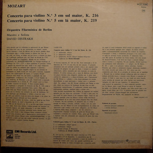 Wolfgang Amadeus Mozart - David Oistrach , Berliner Philharmoniker - Violin Concertos Nºs.  3 & 5 | A Voz Do Dono (8E 071 02486) - 2