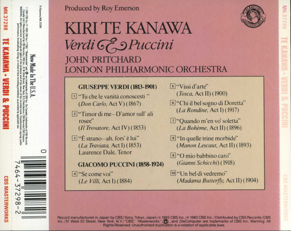 Kiri Te Kanawa / John Pritchard / London Philharmonic Orchestra - Giuseppe Verdi & Giacomo Puccini - Verdi & Puccini | CBS Masterworks (MK 37298) - 3