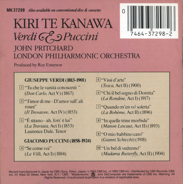 Kiri Te Kanawa / John Pritchard / London Philharmonic Orchestra - Giuseppe Verdi & Giacomo Puccini - Verdi & Puccini | CBS Masterworks (MK 37298) - 2