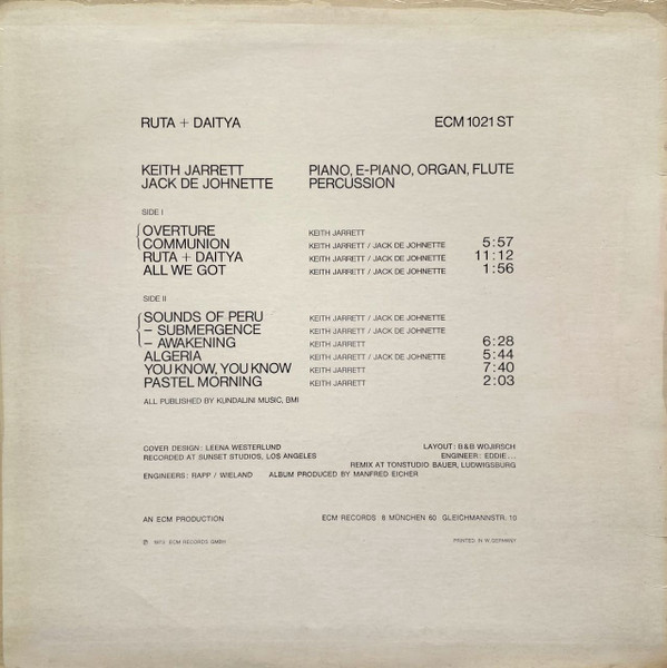 Keith Jarrett • Jack DeJohnette - Ruta And Daitya | ECM Records (ECM 1021 ST) - 2