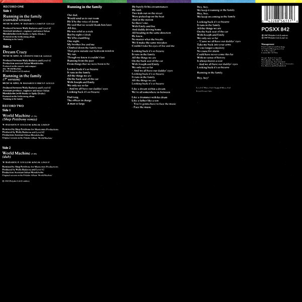 Level 42 - Running In The Family (Extended Version) / World Machine (Shep Pettibone Mix) | Polydor (POSXX 842) - 2
