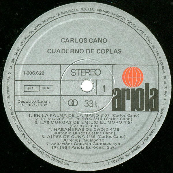 Carlos Cano - Cuaderno De Coplas | Ariola (I-206.622) - 3