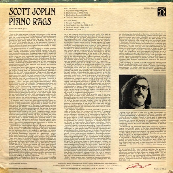 Scott Joplin , Joshua Rifkin - Piano Rags By Scott Joplin | Nonesuch (H-71248) - 2