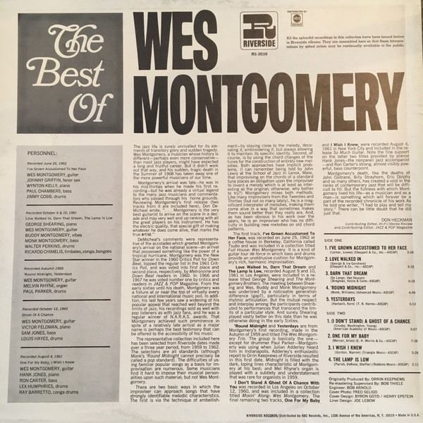 Wes Montgomery - The Best Of Wes Montgomery | Riverside Records (RS 3039) - main Wes Montgomery - The Best Of Wes Montgomery | Riverside Records (RS 3039) - main