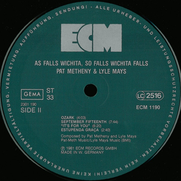 Pat Metheny & Lyle Mays - As Falls Wichita, So Falls Wichita Falls | ECM Records (ECM 1190) - 4 Pat Metheny & Lyle Mays - As Falls Wichita, So Falls Wichita Falls | ECM Records (ECM 1190) - 4