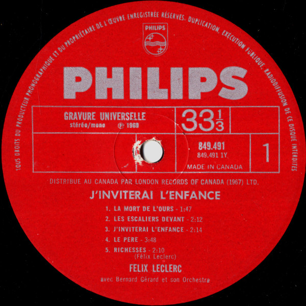 Félix Leclerc - J'Inviterai L'Enfance [Vinyl] | Philips (849.491) - 3