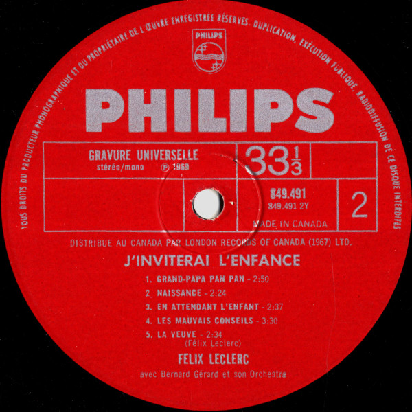 Félix Leclerc - J'Inviterai L'Enfance [Vinyl] | Philips (849.491) - 4
