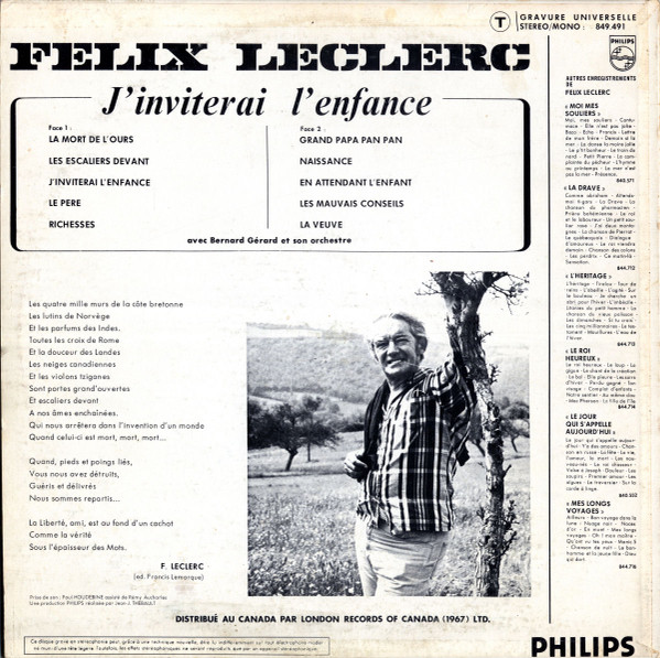 Félix Leclerc - J'Inviterai L'Enfance [Vinyl] | Philips (849.491) - 2