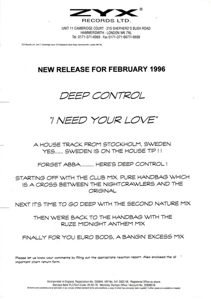 Deep Control - I Need Your Love | ZYX Music (ZYX 8039-12) - 2