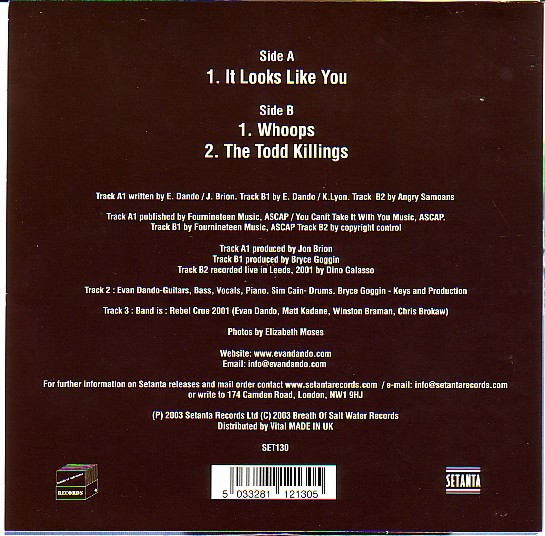 Evan Dando - It Looks Like You 7" | Setanta (SET130) - 2 Evan Dando - It Looks Like You 7" | Setanta (SET130) - 2
