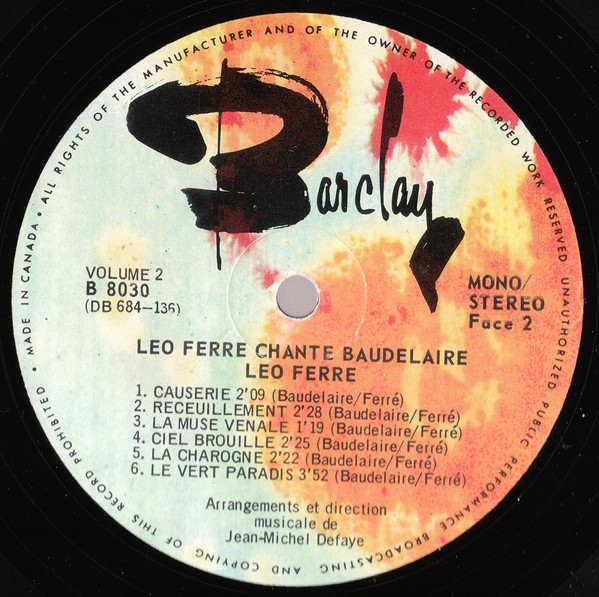 Léo Ferré - Léo Ferré Chante Baudelaire Vol. 2 | Barclay (B-8030) - 4