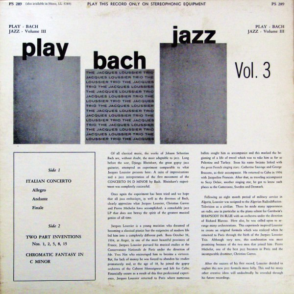 Jacques Loussier Trio - Play Bach Jazz Vol. 3 | London Records (PS 289) - 2