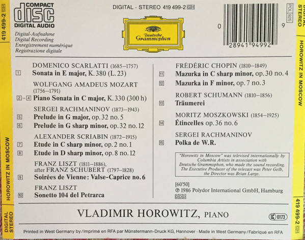 Vladimir Horowitz - Horowitz In Moscow | Deutsche Grammophon (419 499-2) - 2