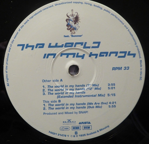Snap! Feat. Summer - The World In My Hands | Arista (74321 31479 1) - 3