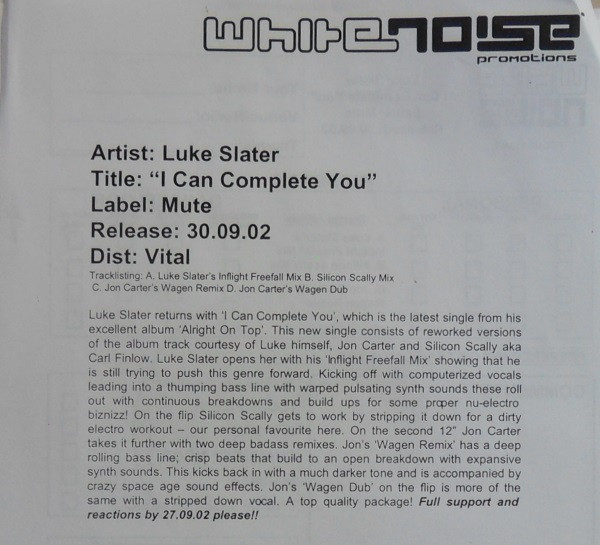 Luke Slater - I Can Complete You | Mute (P12 MUTE 287) - 2 Luke Slater - I Can Complete You | Mute (P12 MUTE 287) - 2