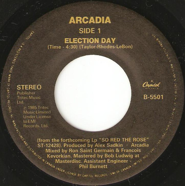 Arcadia - Election Day (7") [Vinyl] | Capitol Records (B-5501)