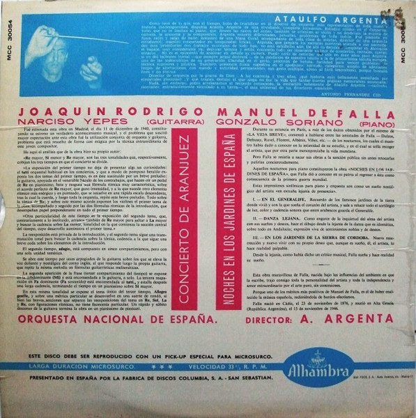 Joaquín Rodrigo , Narciso Yepes , Manuel de Falla , Gonzalo Soriano , Orquesta Nacional De España , Director Ataúlfo Argenta - Concierto De Aranjuez / Noches En Los Jardines De España | Alhambra (MCC 30054) - 2